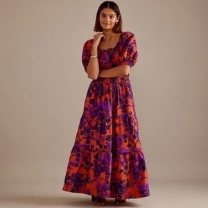 Anthropologie Somerset Floral Puff Sleeve Tiered Maxi Dress Orange Purple Small